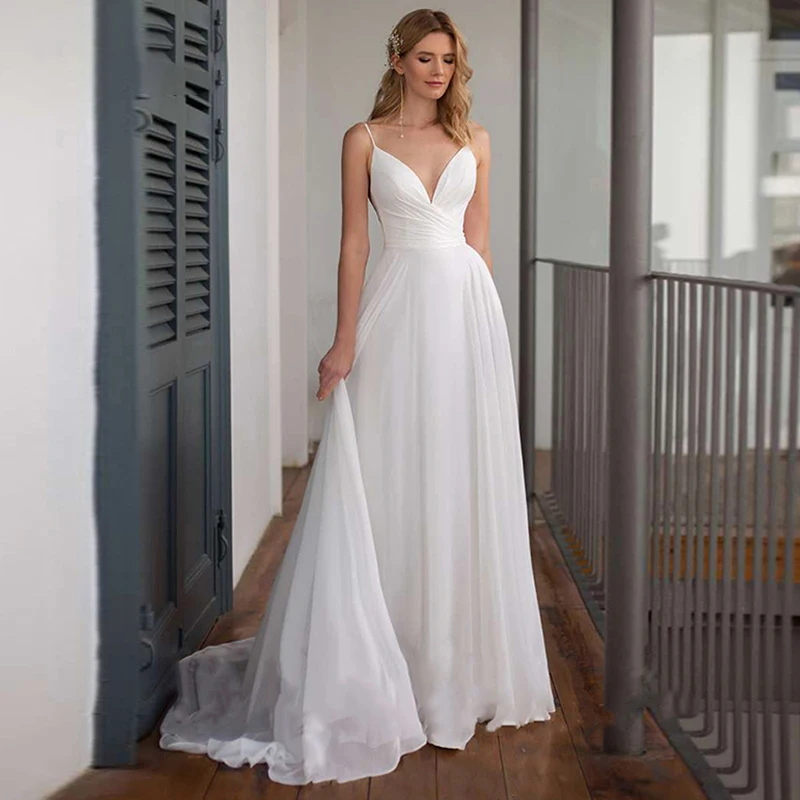 Top Trends: Spaghetti Straps V Neck Criss-Cross Wedding Dress Sweep Train Sleeveless Chiffon Bride Gown Robe De Mariée Beach Wedding Gown Shoppable Styles