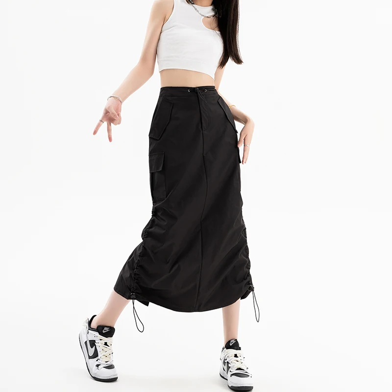 Top Trends: American Retro Cargo Skirt For Women Summer Slit Design Drawstring High Waist Mid-length Skirt Y2k Streetwear Fashion Clothing Shoppable Styles - Image 2