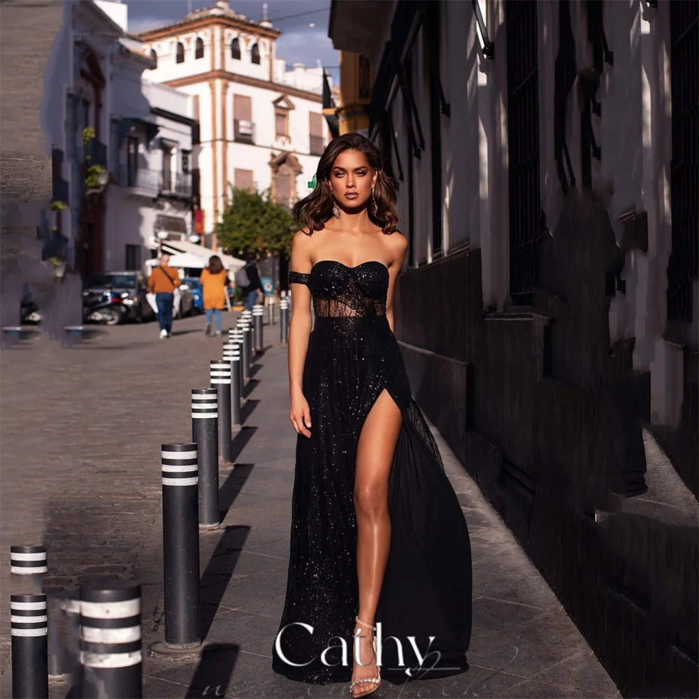 Top Trends: Cathy Gliiter Short Sleeve Mermaid فساتين سهره فاخره 2023 Black Off Shoulder Fishtail Vestidos De Noche Side Split Prom Dresses Shoppable Styles