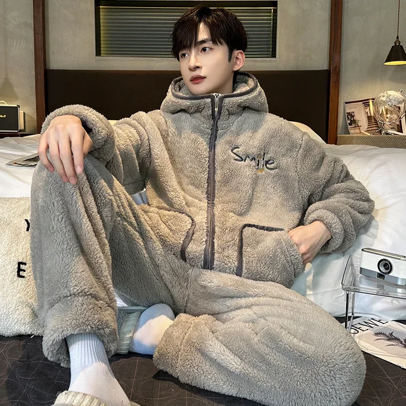 Top Trends: Coral Fleece Pajama Sets Men Winter Warm Sleepwear Long Sleeve Trouser Pajamas Flannel Thick Homewear Zipper Hooded Pajamas Shoppable Styles