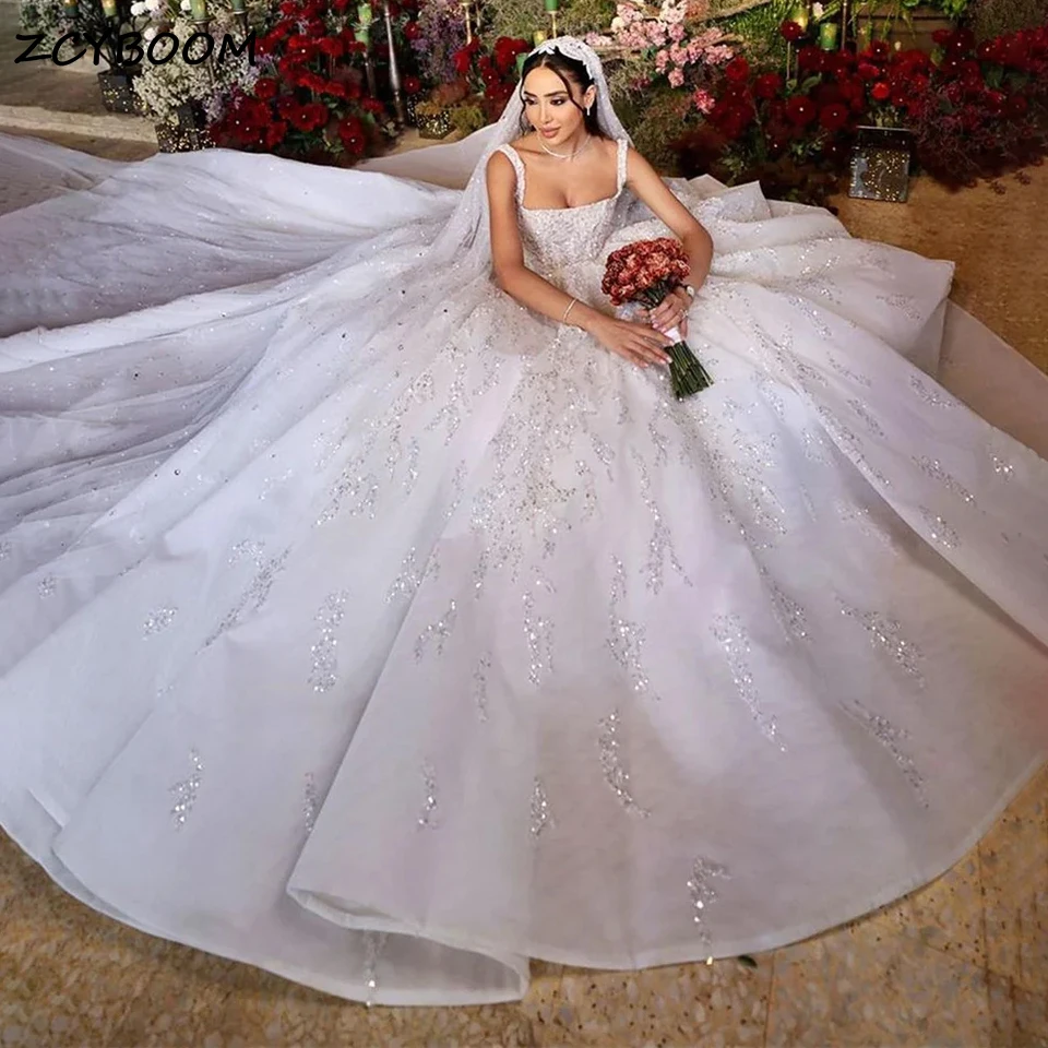 Top Trends: Luxury Dubai White A-Line Appliques Lace Straps Wedding Dress 2023 Princess Glitter Sequins Women Bride Gowns Vestidos De Novia Shoppable Styles