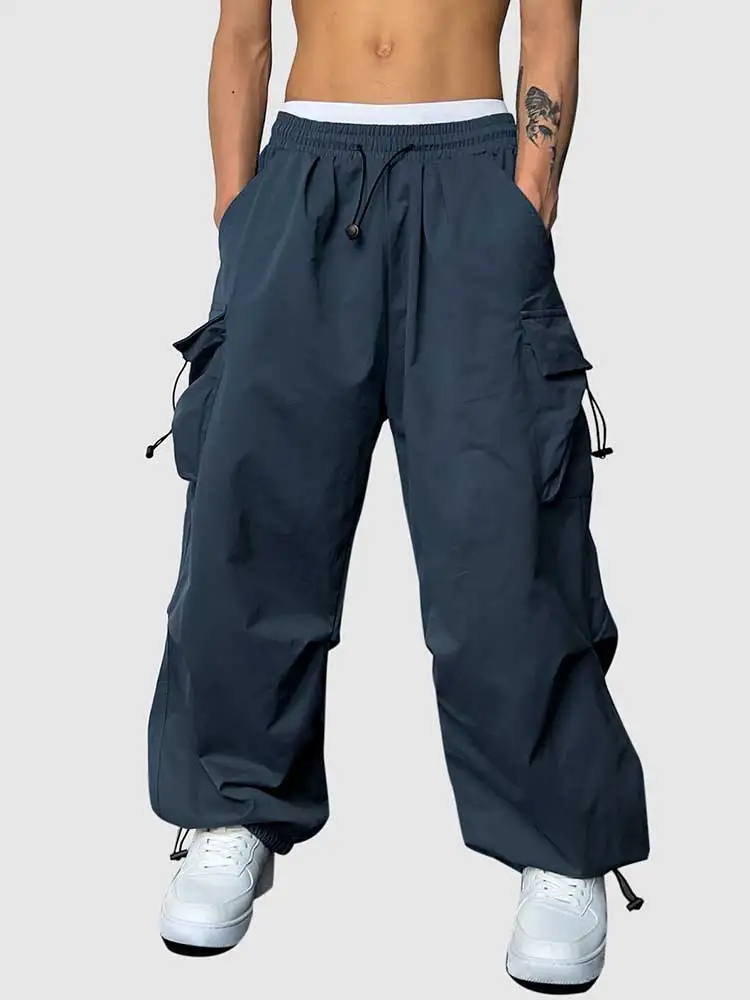 Top Trends: ZAFUL Loose Fit Cargo Pants For Men Solid Streetwear Tooling Trousers Mid-waist Drawstring Beam Feet Parachute Pants Z5074713 Shoppable Styles