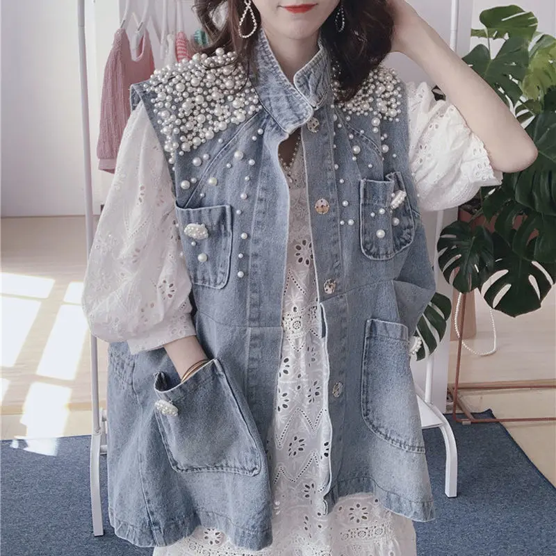 Top Trends: Shoulder Pearl Women's Denim Tank Top Denim Waistcoat Korean Fashion Cardigan Jacket Loose Plus Size Pearl Button Vest Designer Shoppable Styles