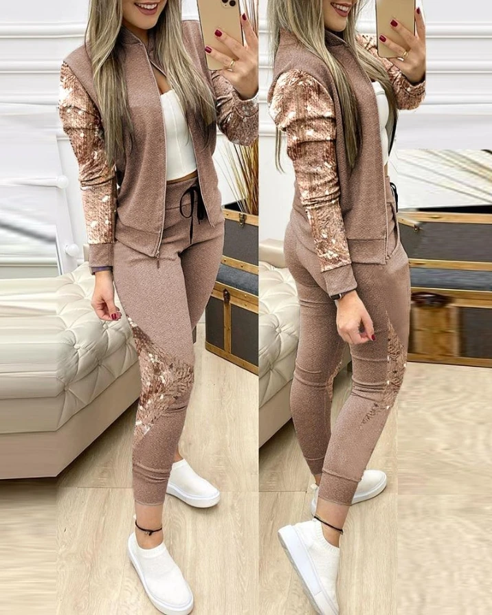 Top Trends: Two Piece Sets Womens Outifits Casual Long Sleeve Contrast Sequins Zipper Design Jacket &amp; Drawstring Skinny Pants Set Autumn Shoppable Styles