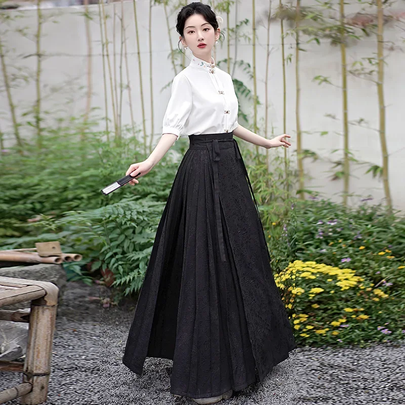 Top Trends: Woman Ming Dynasty Hanfu Horse Face Skirt Chinese Traditional Hanfu Costume Stand Collar Vintage Pleats Skirt Black Shoppable Styles