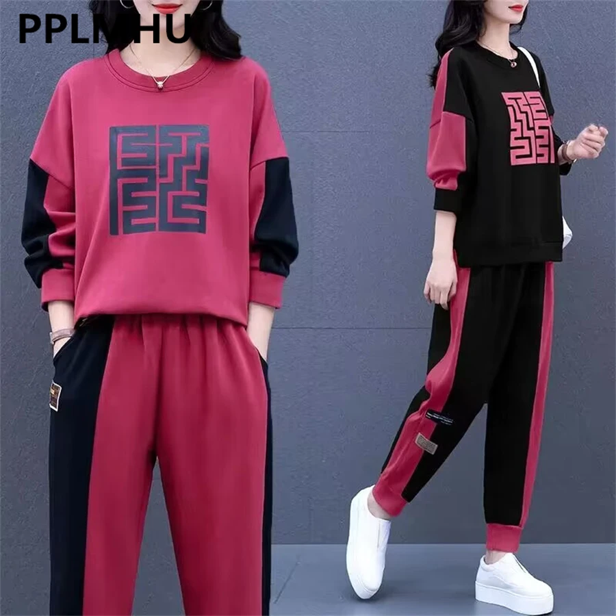 Top Trends: Casual Patchwork Print Tracksuit Spring Loose Oversized 5XL For 90KG 2 Pieces Sets Korean Sweatshirts Capris Sweatpants Outfits Shoppable Styles