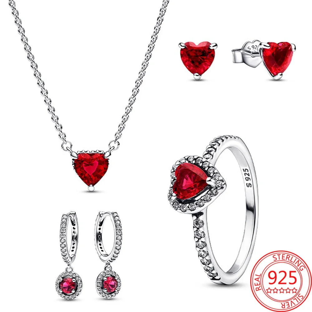 Top Trends: New 925 Sterling Silver Sparkling Heart Halo Pendant Collier Necklace Red Heart Ring Round Hoop Earrings Women Jewelry Set Gift Shoppable Styles