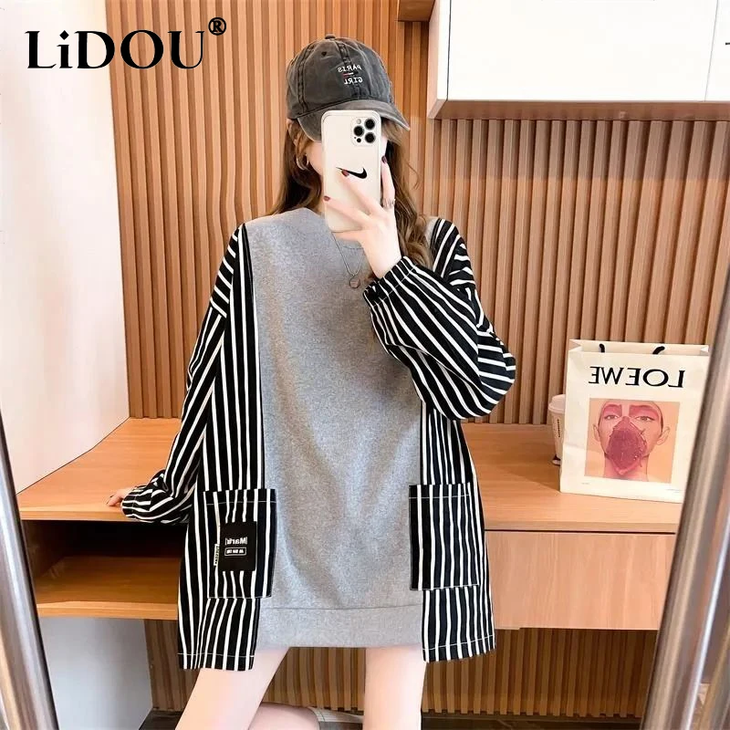 Top Trends: Autumn Winter Korean Style Harajuku Y2K Striped Patchwork Loose Sweatshirt Ladies Casual Fashion All-match Pullover Top Women Shoppable Styles