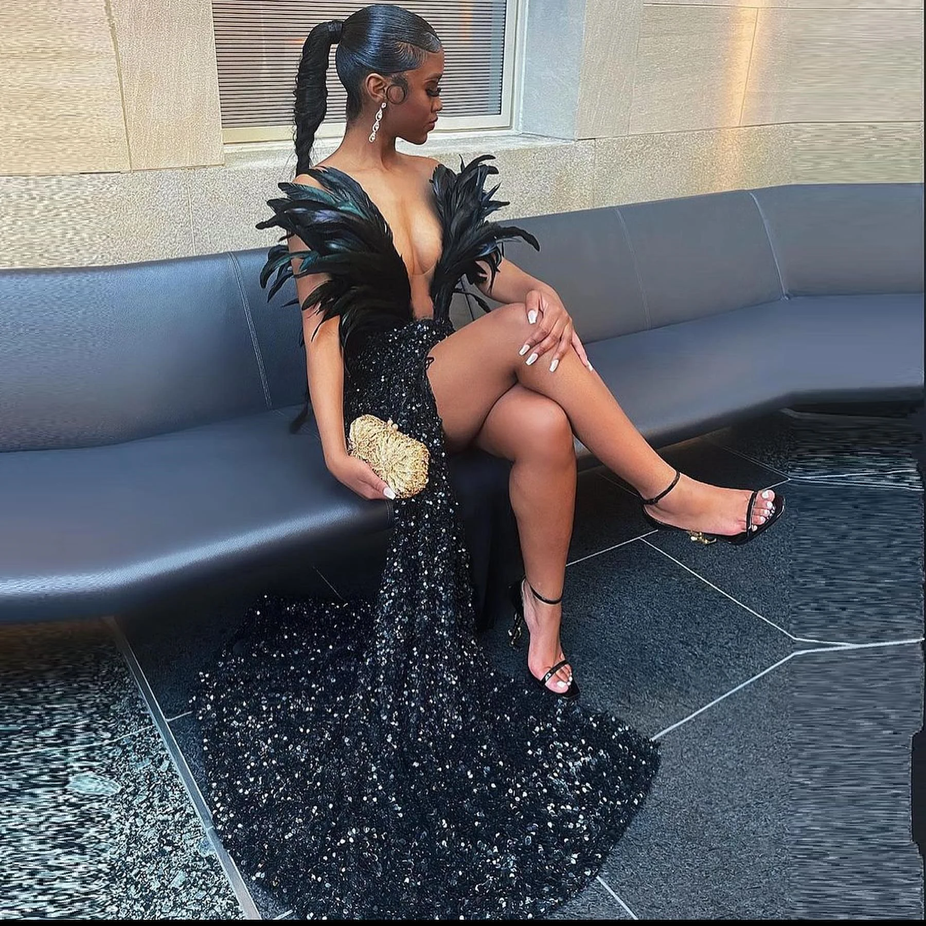 Top Trends: Luxury Sexy Glitter Mermaid Prom Dresses Feathers Sequins Sparkly High Split Black Girl Long Evening Party Gowns Custom Made Shoppable Styles