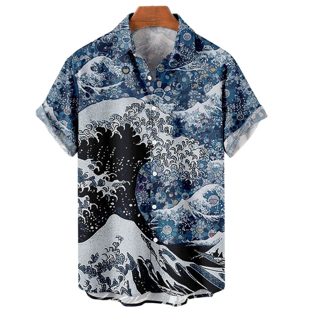 Top Trends: Men's Hawaiian Shirts 3D Printed Short Sleeves Casual Lapel Beach Style Tops Top Retro Waves Imported-clothing Fashion Shoppable Styles - Image 6