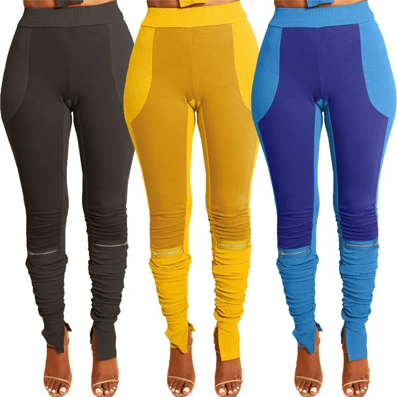 Top Trends: Color Patchwork Women Skinny Pencil Pants High Waist Zipper Slit Stacked Pants 2023 Fall Winter Fitness Workout Jogging Bottoms Shoppable Styles