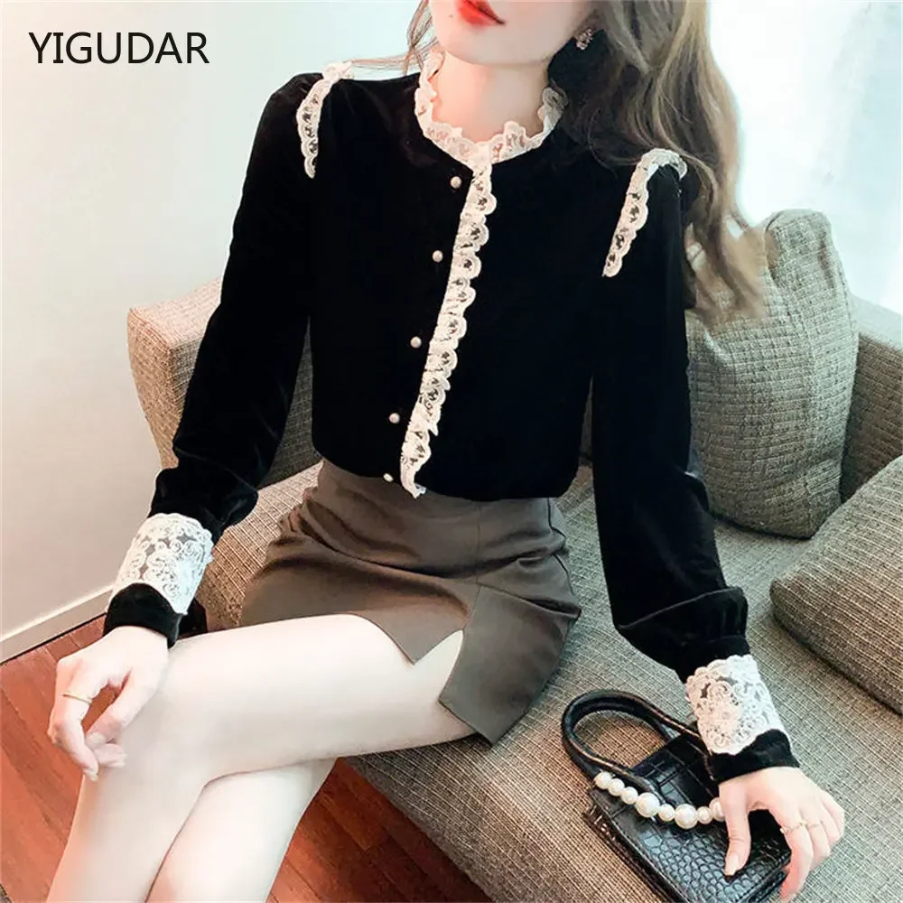 Top Trends: Women Shirt Blouse Lace Shirt Autumn Winter Velvet Long Sleeve Top For Women Blusas Ropa De Mujer Shoppable Styles