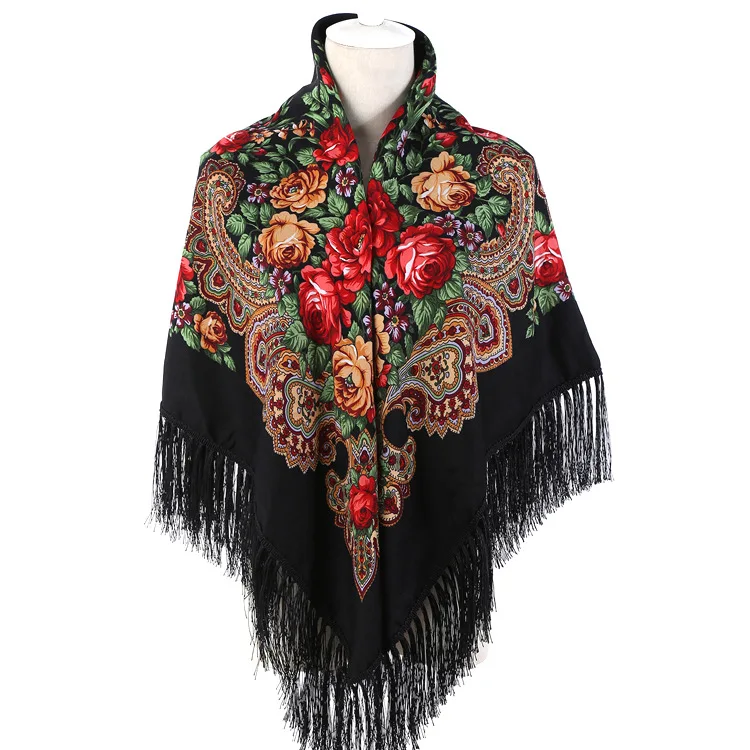 Top Trends: Russian Cloak Large Flower Printed Generous Scarf Women&#039;s Shawl Warm Autumn Winter Multi-function Scarf Ponchos Capes Black Shoppable Styles