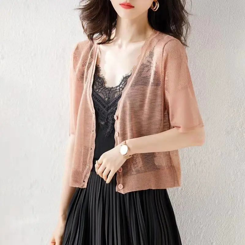 Top Trends: Korean Simple Ice Silk Knit Sun Protection Cardigan Coat Women V-neck Button Lace Summer Matching Skirt Strap Shawl Thin Tops Shoppable Styles