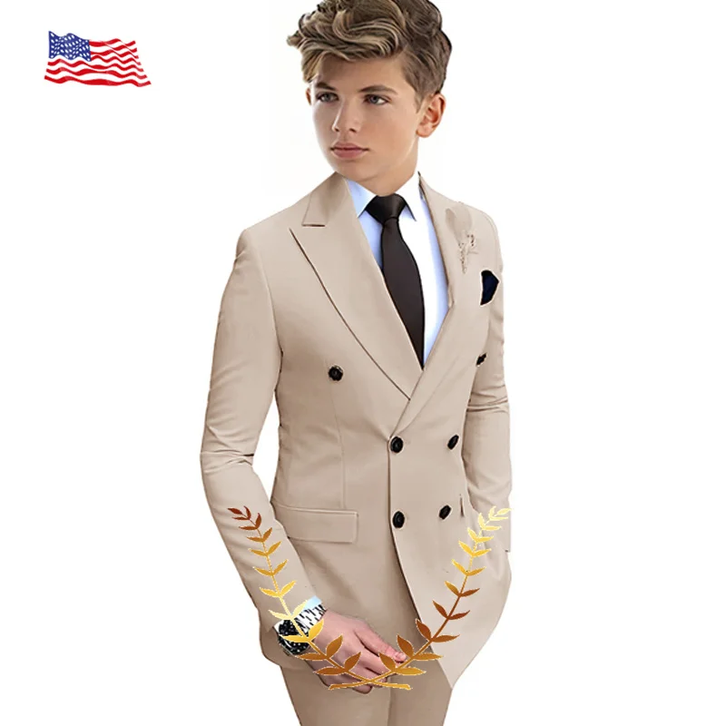 Top Trends: 2023 New Beige Boys Suit 2 Pieces Double-Breasted Notch Lapel Flat Slim Fit Casual Tuxedos For Wedding(Blazer+ Pants) Shoppable Styles