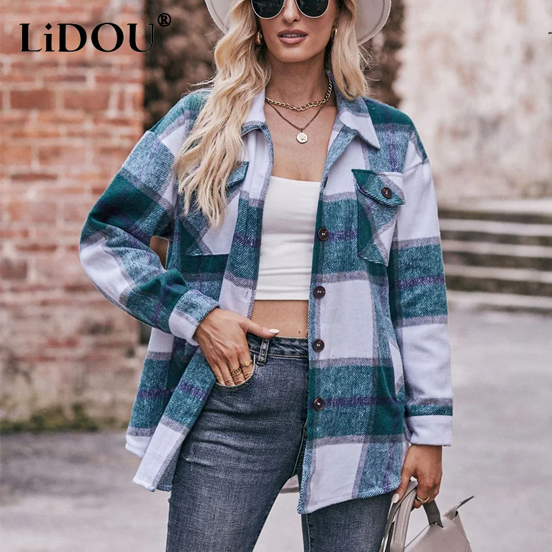 Top Trends: Autumn Winter New Vintage Plaid Printing Thick Shirt Women Buttons Loose Casual All-match Cardigan Top Ladies Polo-neck Blouse Shoppable Styles