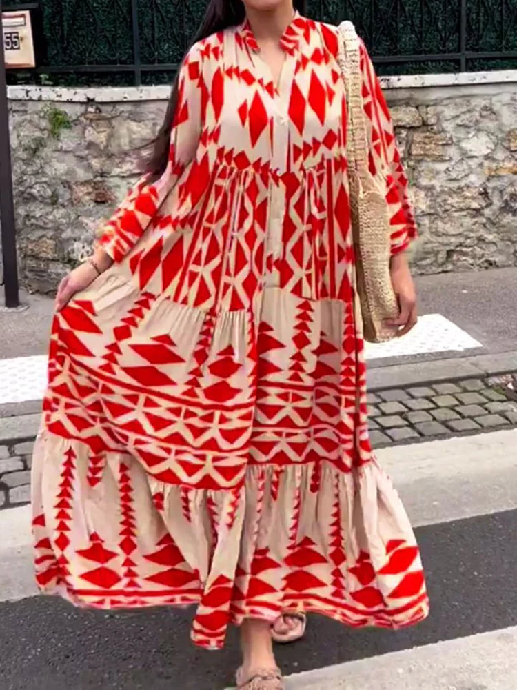 Top Trends: Women Vintage Print Maxi Dresses 2023 Summer V-Neck Long Sleeve Pleated Long Dresses Female Boho Beach Shirt Dress Casual Robe Shoppable Styles