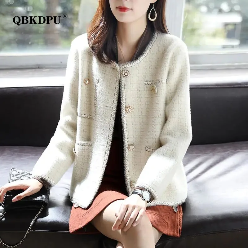 Top Trends: Elegant Faux Mink Cashmere Sweater Cardigan Women Vintage Luxury Design Plaid Knitted Coat Korean Style Soft V-Neck Knitwear Top Shoppable Styles