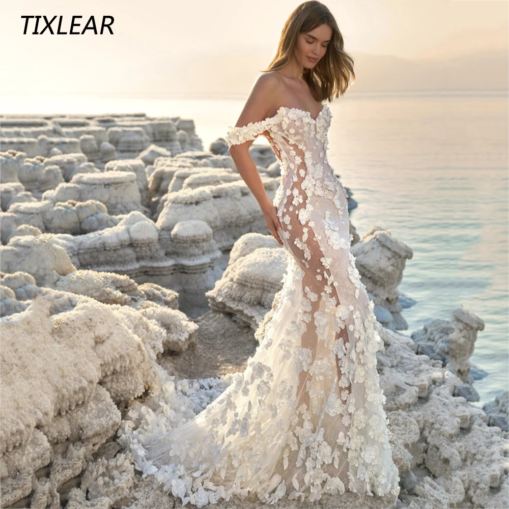 Top Trends: TIXLEAR Sexy Mermaid Wedding Dress Modern Sweetheart Off The Shoulder 3D Flowers Illusion Back Bridal Gown Vestidos De Novia New Shoppable Styles