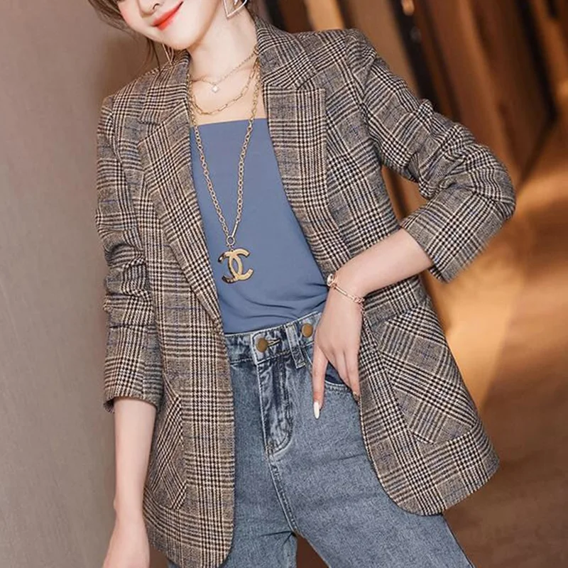 Top Trends: Fashion Lapel Button Spliced Pockets Korean Lattice Blazer Women Clothing 2023 Autumn New Casual Tops Loose Office Lady Blazers Shoppable Styles