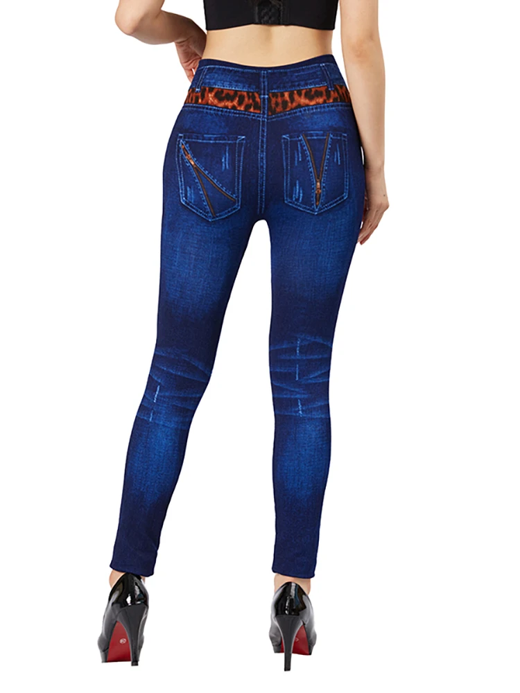 Top Trends: CUHAKCI Splice Leopard Blue False Jeans Fake Zipper Pockets Print Stretch Imitation Denim Pants Slim Fit Leggings Women Jeggings Shoppable Styles - Image 3