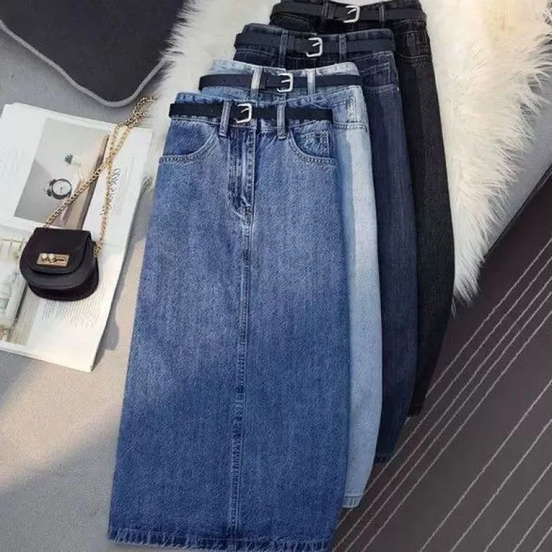 Top Trends: High Waisted Skirt Women's Summer Over The Knee Casual Skinny Denim Skirt Slit Mid-Length Skirt A Line Skirts Shoppable Styles