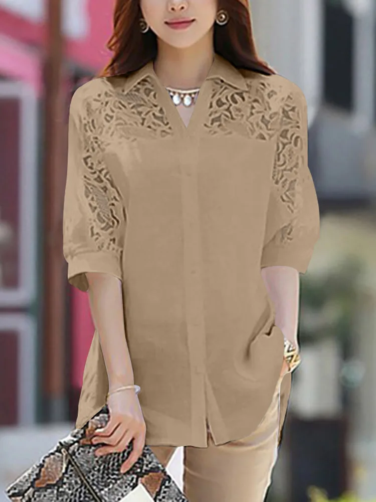 Top Trends: ZANZEA Casual Elegant Tunic Work OL Shirt Women Summer Solid Hollow Out Blouse Lapel Half Sleeve Blusas Femme Loose Chemise 2023 Shoppable Styles