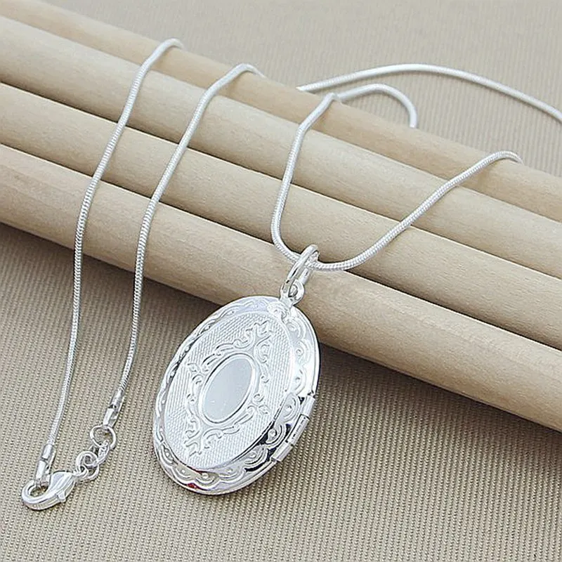 Top Trends: 40-75cm 925 Sterling Silver Oval Heart Round Photo Open Frame Pendant Necklace Snake Chain For Woman Man Wedding Jewelry Shoppable Styles