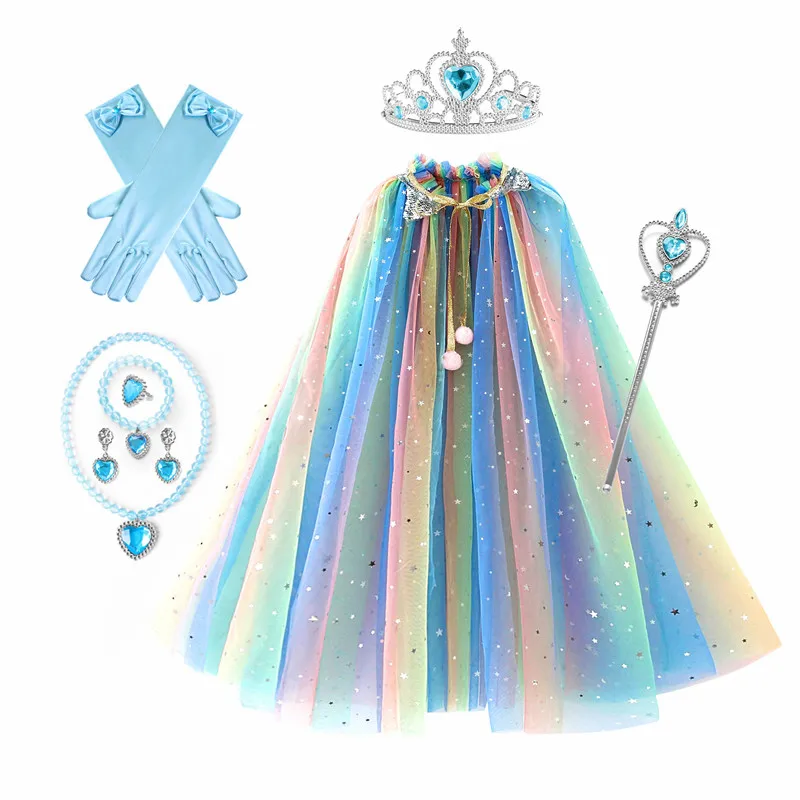 Top Trends: Girls Princess Elsa Cloak Sequin Kids Aurora Rapunzel Cape Crown Wand Necklace Set Party Cosplay Mantle Dress Up Accessories Shoppable Styles - Image 6