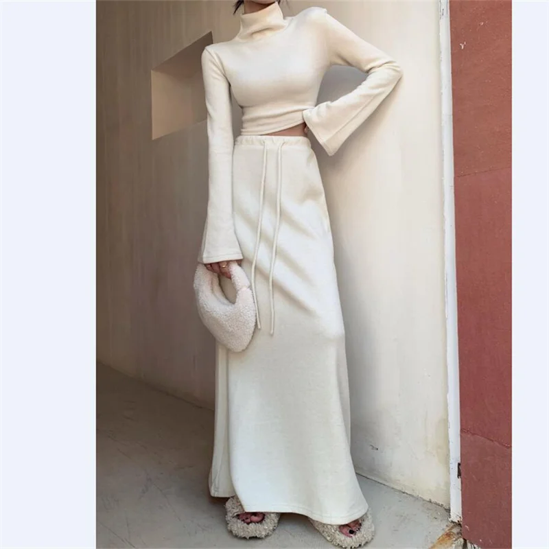 Top Trends: Two Piece Sets Women Turtleneck Long Sleeve Top And Maxi Skirt Sets Female Summer Casual Bodycon Skirts Set Streetwear 2023 Shoppable Styles