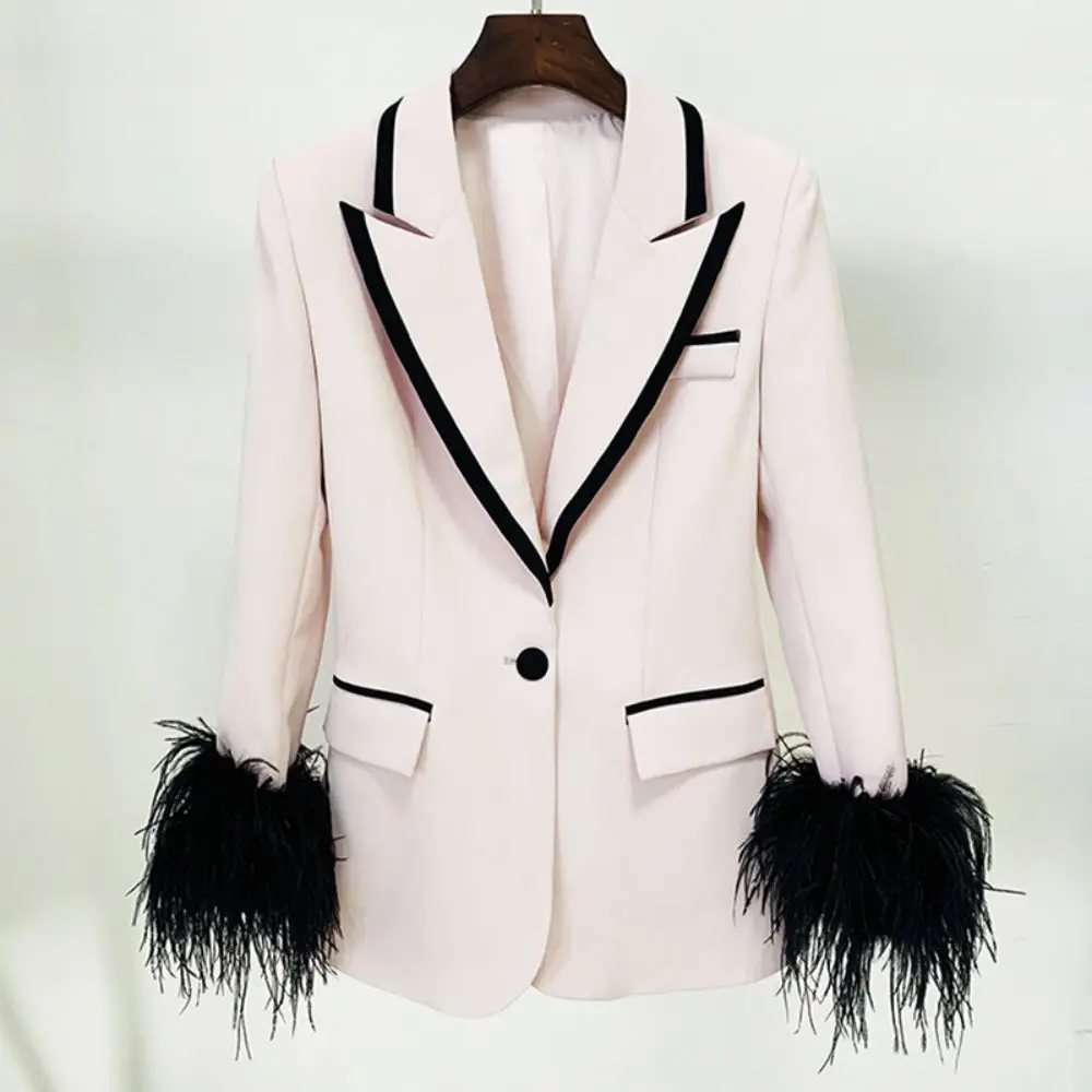 Top Trends: Fashion Nude Blazer Women Long Sleeve With Black Feather New Designer 2022 Spring Single Button Mid Length Jackets High Quality Shoppable Styles