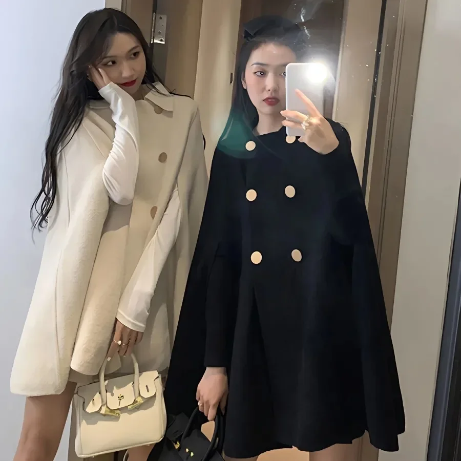 Top Trends: Fashion Woolen Poncho Coats For Women Autumn Winter Solid Cape Cloak Coat Loose Overcoat Female Double Breasted Lapel Jackets Shoppable Styles