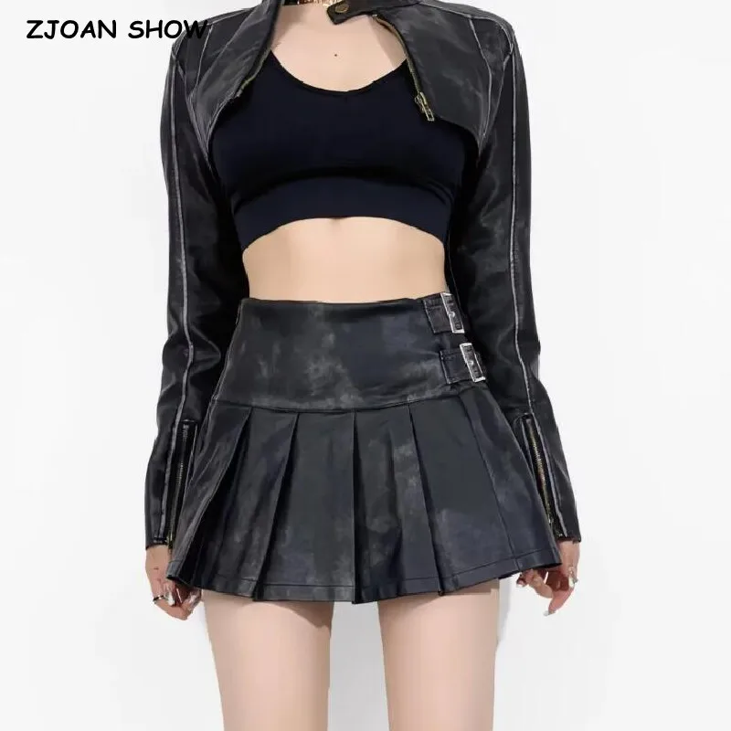 Top Trends: 2023 American Retro Washing Black Buckle Low Waist PU Skirt With Shorts Lining Sexy Leather Pleated Mini Short Skater Brown Shoppable Styles