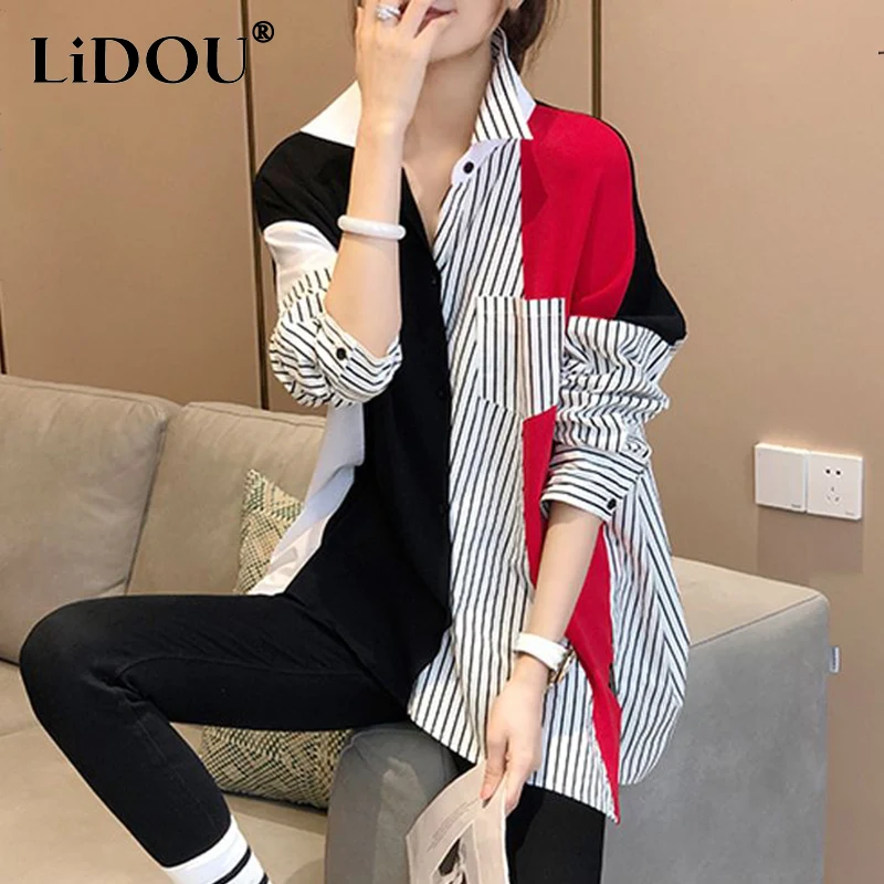 Top Trends: Spring Autumn New Patchwork Y2K Fashion Casual Blouse Women Long Sleeve Loose Stripe Contrast Color Lady Shirt Chic Female Tops Shoppable Styles