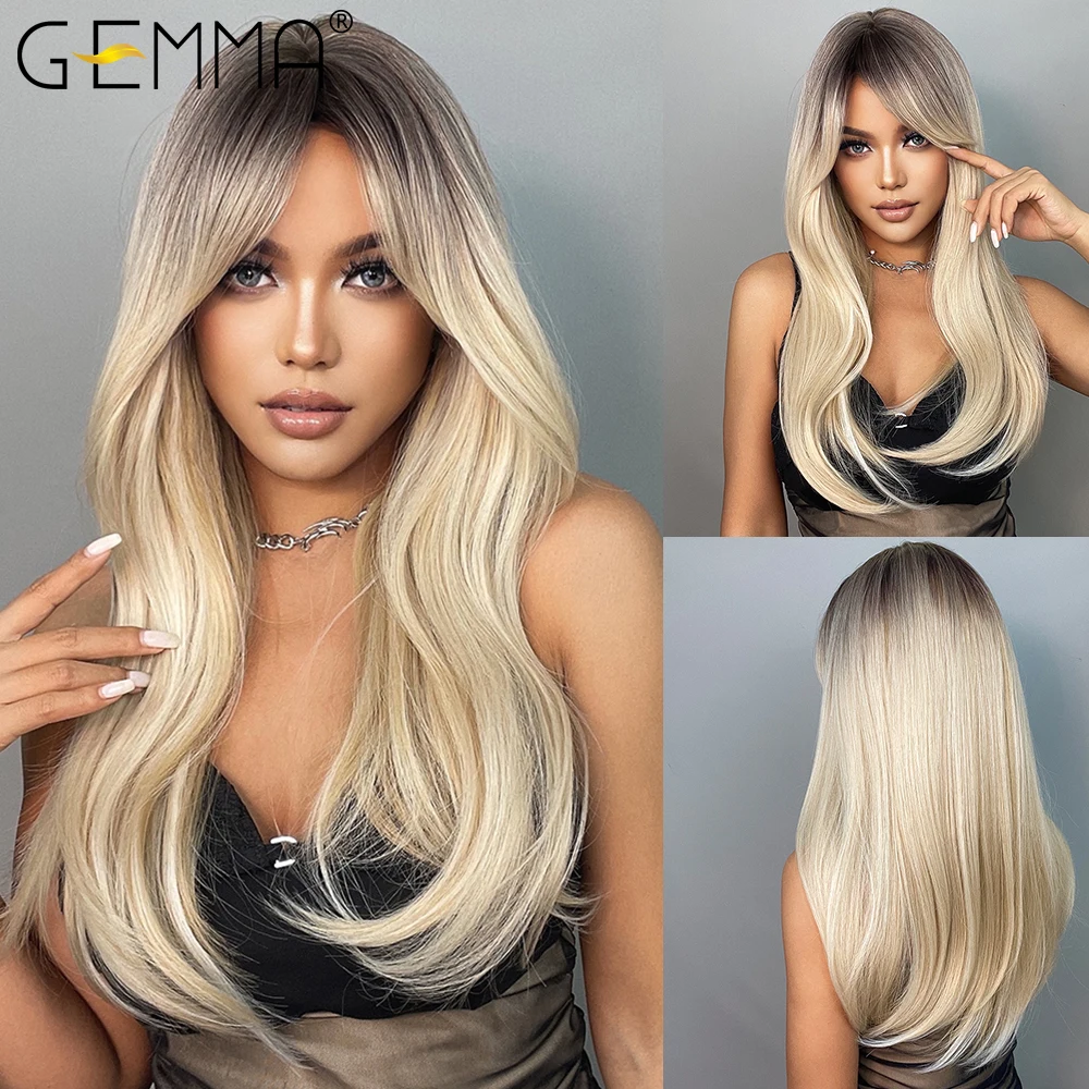 Top Trends: GEMMA Ombre Brown Blonde Long Straight Synthetic Wigs With Bangs Cosplay Wig For Women High Temperature Natural Fake Hair Shoppable Styles