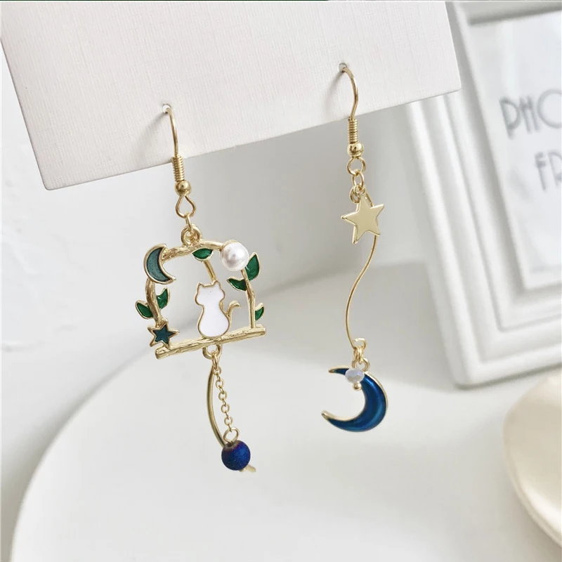 Top Trends: New Fashion Cute Animal Cat Earrings For Women Asymmetric Kitten Pearl Drop Earring Sweet Temperament Party Wedding Jewelry Gift Shoppable Styles