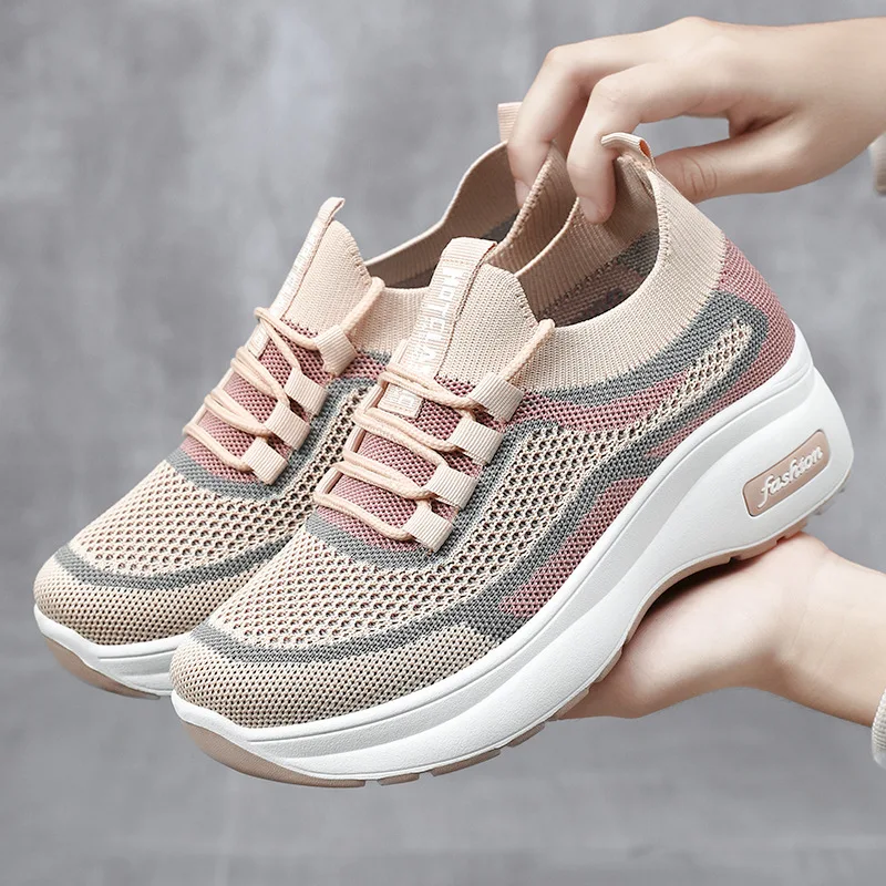 Top Trends: Women Fashion Mesh Platform Sneakers Breathable Lace Up Wedges Sneakers 2024 Autumn Soft Casual Travel Sports Running Shoes Shoppable Styles