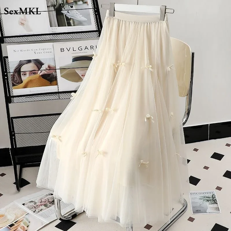 Top Trends: Elegant Black Tulle Skirts Women 2023 Fashion Casual High Waist Kawaii Skirt Adjust Waist Korean Mid Length Pleated Skirts Bow Shoppable Styles