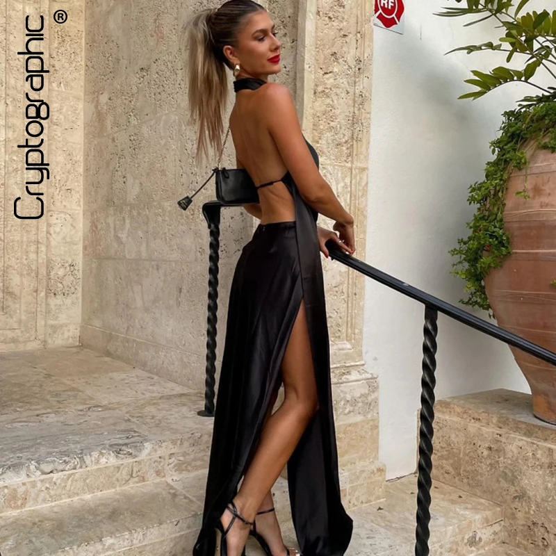 Top Trends: Cryptographic Elegant Sexy Backless Party Halter Slit Maxi Dress Party Summer Outfits Women Sleeveless Irregular Satin Dresses Shoppable Styles