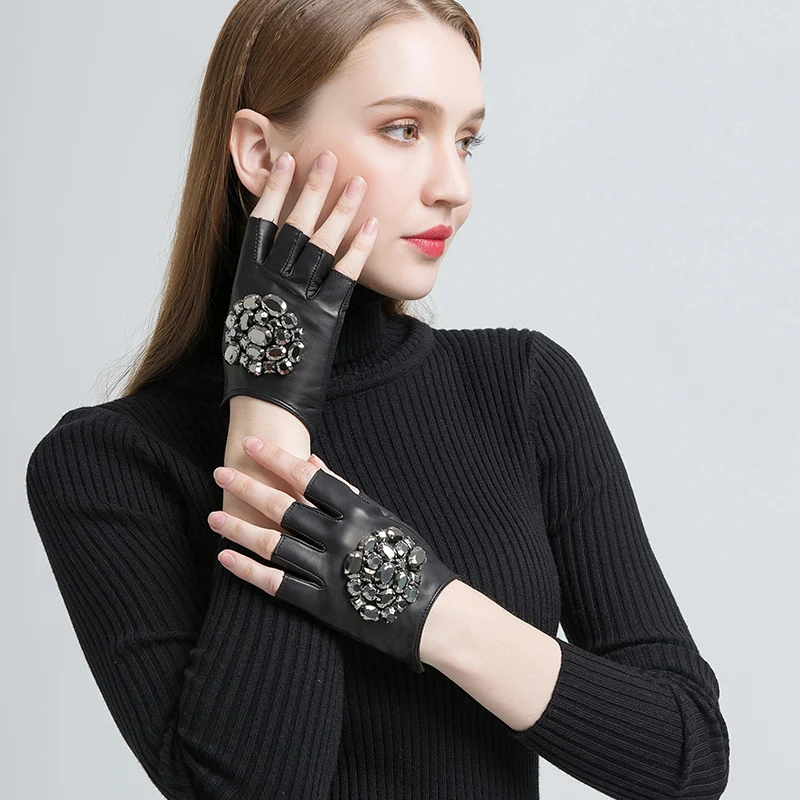 Top Trends: GOURS Fall And Winter Real Leather Gloves Women Black Genuine Goatskin Fingerless Gloves Fashion Stone Warm Mittens New GSL011 Shoppable Styles