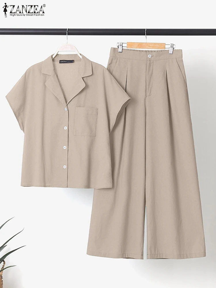 Top Trends: ZANZEA Women 2023 2PCS Suits Matching Sets Summer Wide Leg Pants Pants Sets Lapel Neck Short Sleeve Blouse Elegant OL Shoppable Styles - Image 5