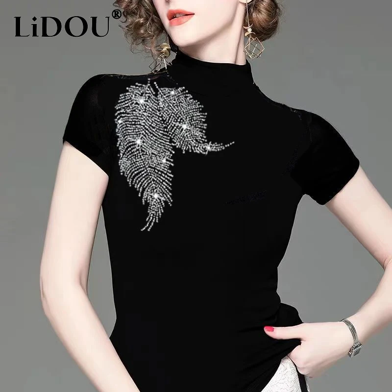 Top Trends: Summer New Fashion Elegant Turtleneck Short Sleeve T-Shirts Women Cotton Rhinestone Slim Pullovers Korean Style All-match Tops Shoppable Styles