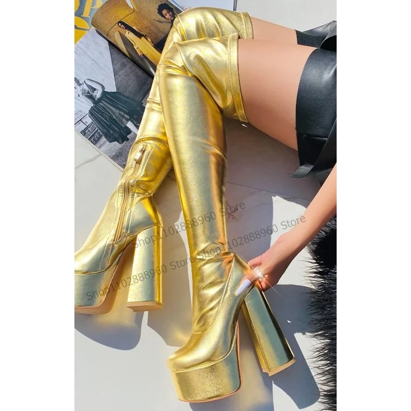 Top Trends: Over The Knee Golden Elastic Platform Boots Chunky High Heel Women Shoes Side Zipper Round Toe 2023 Sexy Zapatos Para Mujere Shoppable Styles