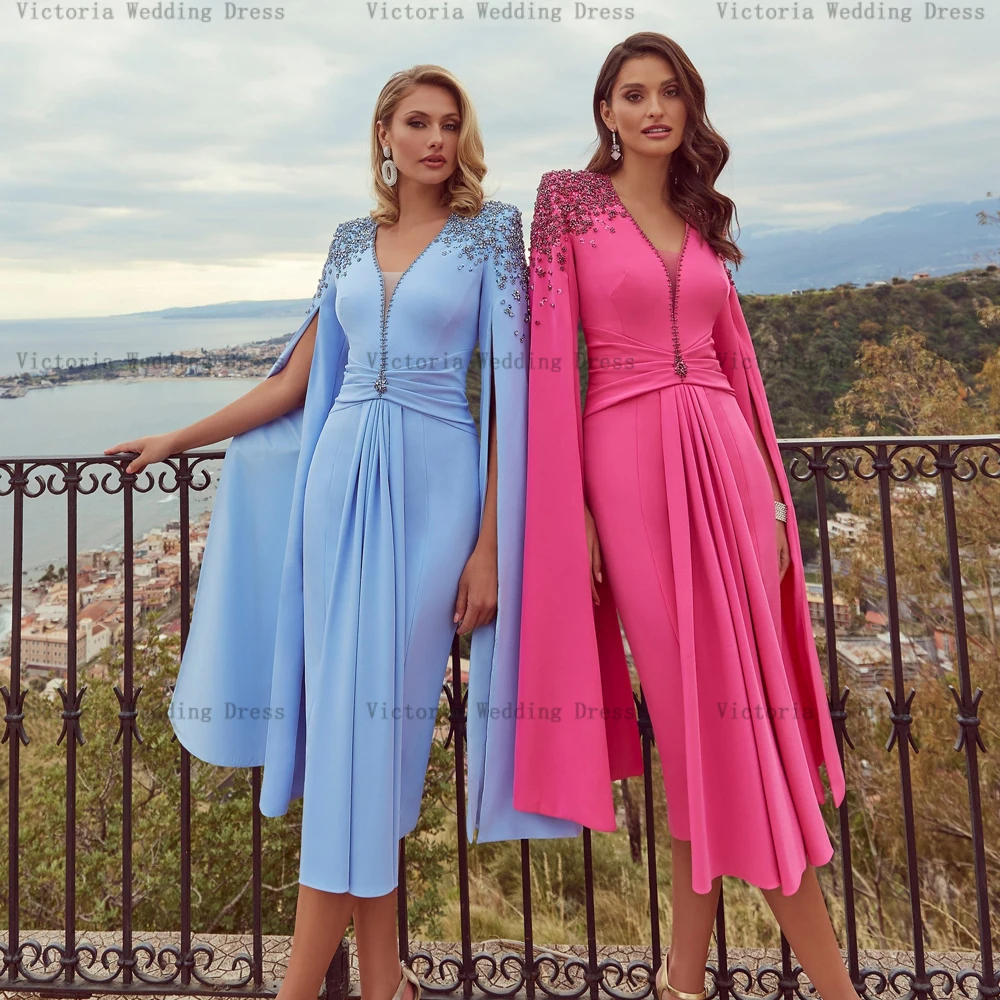 Top Trends: Elegant Blue Mermaid Mother Of The Bride Dresses V Neck Long Sleeves Wedding Party Gowns Beadings Pleat Tea-Length فستان سهرة Shoppable Styles