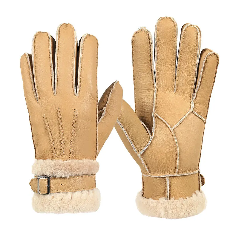 Top Trends: 100% Sheepskin Winter Mitten Gloves For Women Men Real Cashmere Fur Warm Gloves Ladies Full Finger Genuine Leather Shoppable Styles