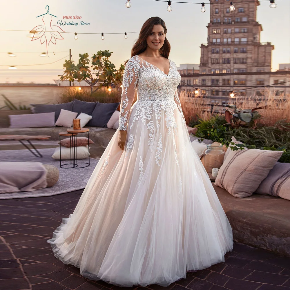 Top Trends: Elegant V-Neck Wedding Dresses Plus Size Long Sleeves Lace Tulle Bridal Gowns Appliques Sweep Train A-Line Vestidos De Novia Shoppable Styles