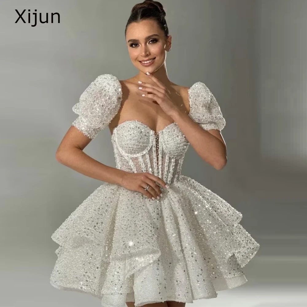 Top Trends: Xijun White Short Evening Dress Sweetheart A-Line Mini Wedding Dress 2023 Detachable Sleeves Prom Gowns Bride Formal Party Dress Shoppable Styles