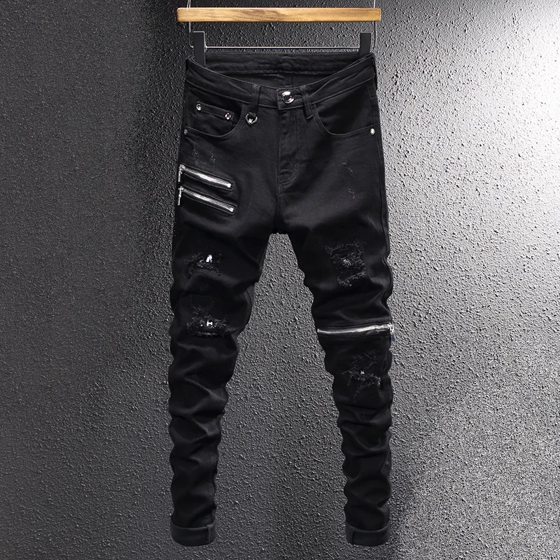 Top Trends: Streetwear Fashion Men Jeans Black Elastic Slim Fit Destroyed Ripped Jeans Men Zipper Designer Hip Hop Stretch Denim Punk Pants Shoppable Styles