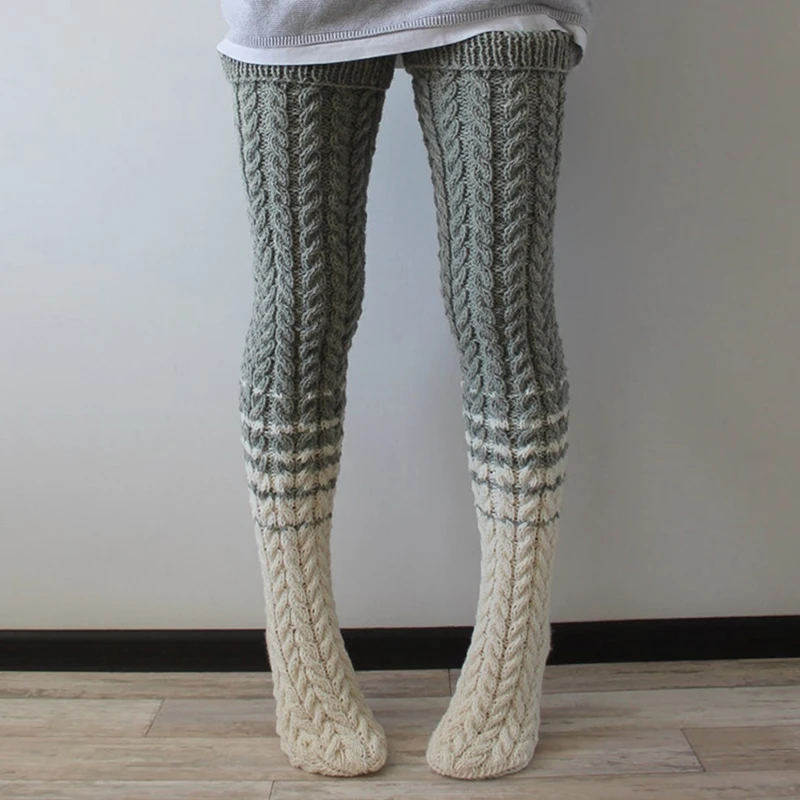 Top Trends: Knitted Cable Over Knee Socks Grey And White Thigh High Stockings Women Thick Winter Warm Stockings Casual Socks Female Gifts Shoppable Styles