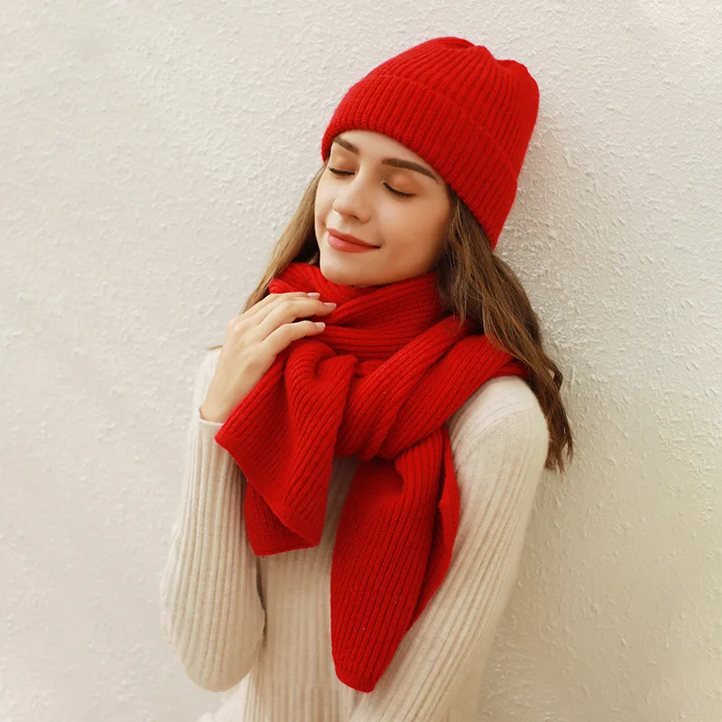 Top Trends: Pure Color Rib Knit Scarf & Hat Sets Female Imitation Cashmere Warm Long Muffler Winter Round Top Woolen Yarn Cap Scarves Women Shoppable Styles